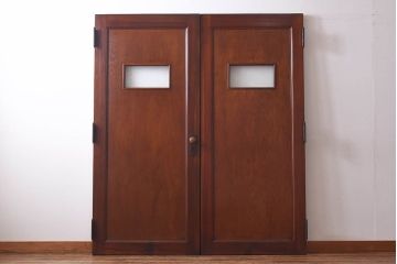 昭和レトロ　両開き　結霜ガラス入り!シンプルな木製アンティークドア(扉)2枚1対(1)