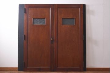 昭和レトロ　両開き　結霜ガラス入り!シンプルな木製アンティークドア(扉)2枚1対(1)