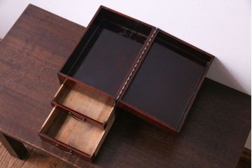 アンティーク雑貨　庄内産　漆塗り　ケヤキ材の玉杢が美しい小引き出し(裁縫箱、硯箱、小物入れ)