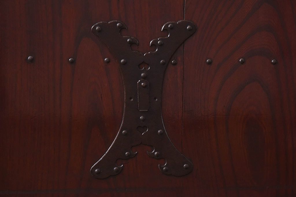 和製アンティーク　総ケヤキ材!　ガラス入り　杢目が味わい深い格子蔵戸(引き戸、建具)