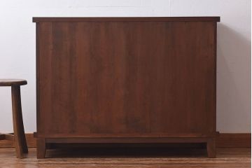 昭和レトロ　前面ケヤキ材　ラフジュオリジナルガラス　花模様のカットガラスが可愛らしいリメイク戸棚(ローボード、テレビボード、収納棚)