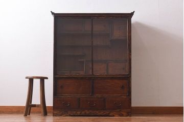 アンティーク家具　古民具・骨董　上手物　黒柿のクジャク杢が美しい指物の茶箪笥(収納棚、戸棚)