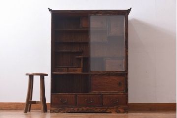 アンティーク家具　古民具・骨董　上手物　黒柿のクジャク杢が美しい指物の茶箪笥(収納棚、戸棚)