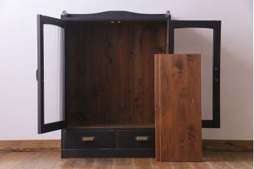 ペイント家具　レトロシックなモールガラス入りブックケース(本箱、キャビネット、収納棚、戸棚)