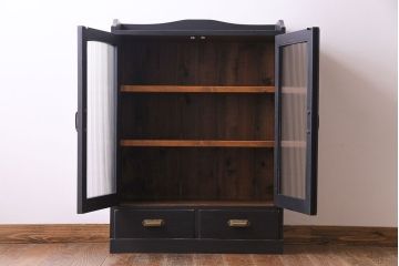 ペイント家具　レトロシックなモールガラス入りブックケース(本箱、キャビネット、収納棚、戸棚)