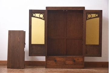 アンティーク家具　大正ロマン　当時物色ガラス　モダンな扉のデザインが目を惹く本箱(収納棚、キャビネット)