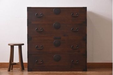 アンティーク家具　大正期　総桐材　シンプルな金具が落ちついた雰囲気漂う重ね箪笥(チェスト、引き出し、桐箪笥、桐たんす)