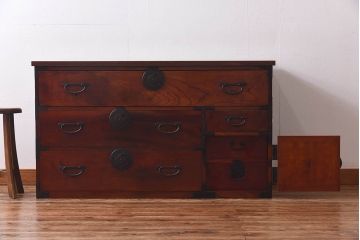 アンティーク家具　和製アンティーク　前面ケヤキ材　相馬箪笥をリメイクしたローボード(ローチェスト、引き出し、リビングボード)