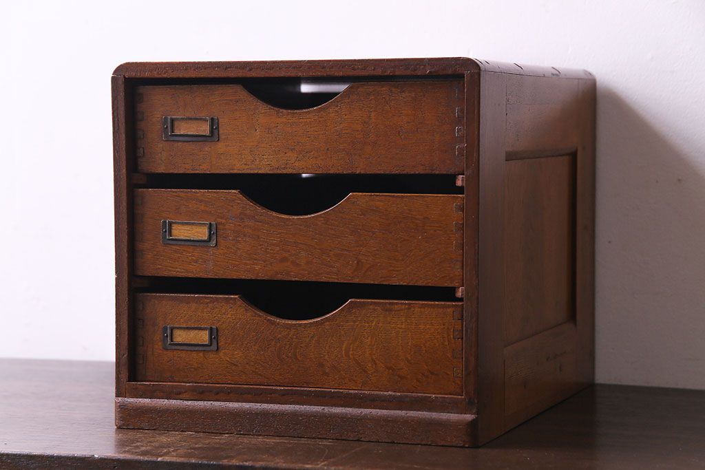 レトロ家具　昭和レトロ　ナラ材　両側から引きだせるユニークな作りの小引き出し(書類ケース)