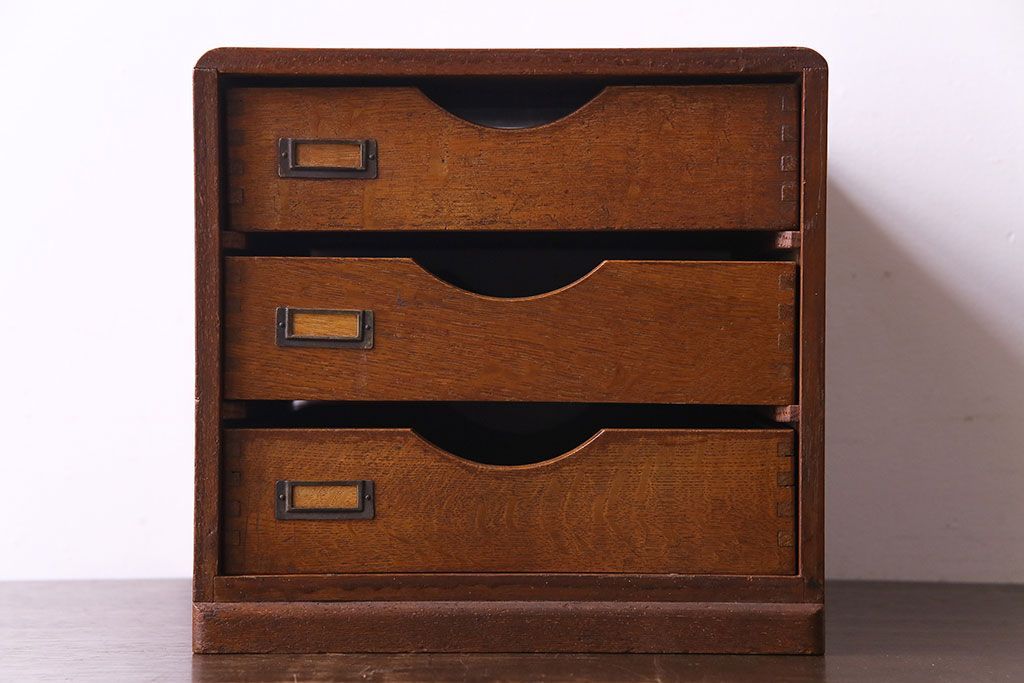 レトロ家具　昭和レトロ　ナラ材　両側から引きだせるユニークな作りの小引き出し(書類ケース)