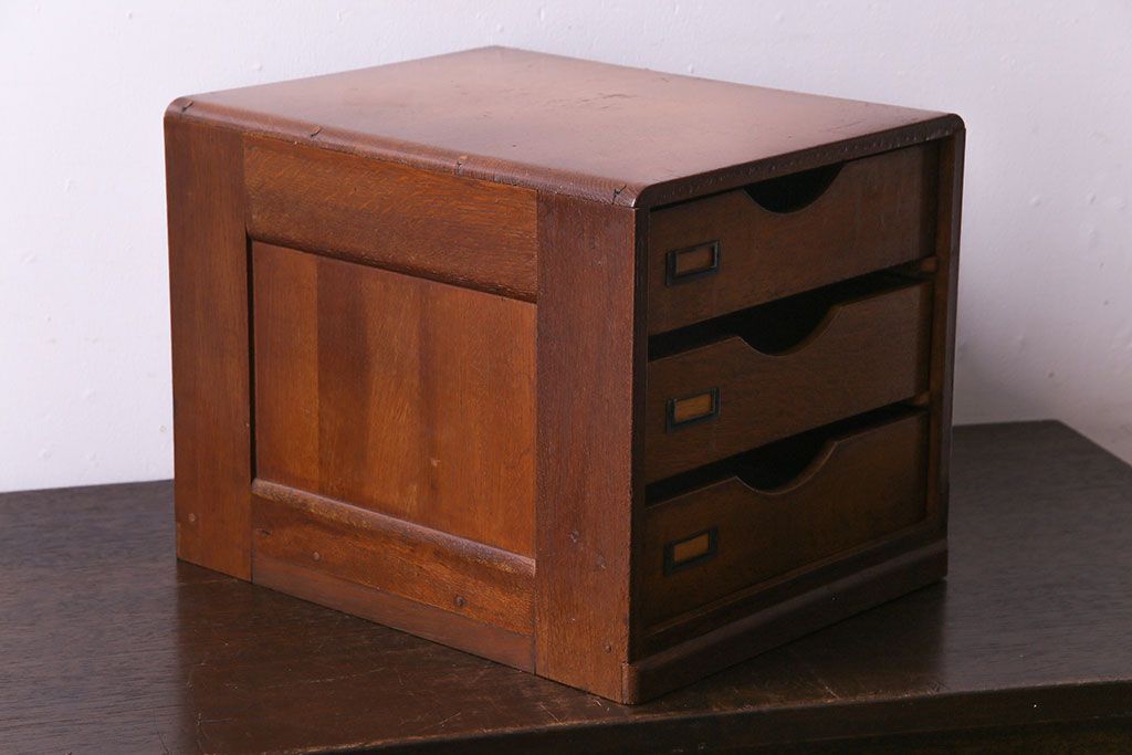 レトロ家具　昭和レトロ　ナラ材　両側から引きだせるユニークな作りの小引き出し(書類ケース)