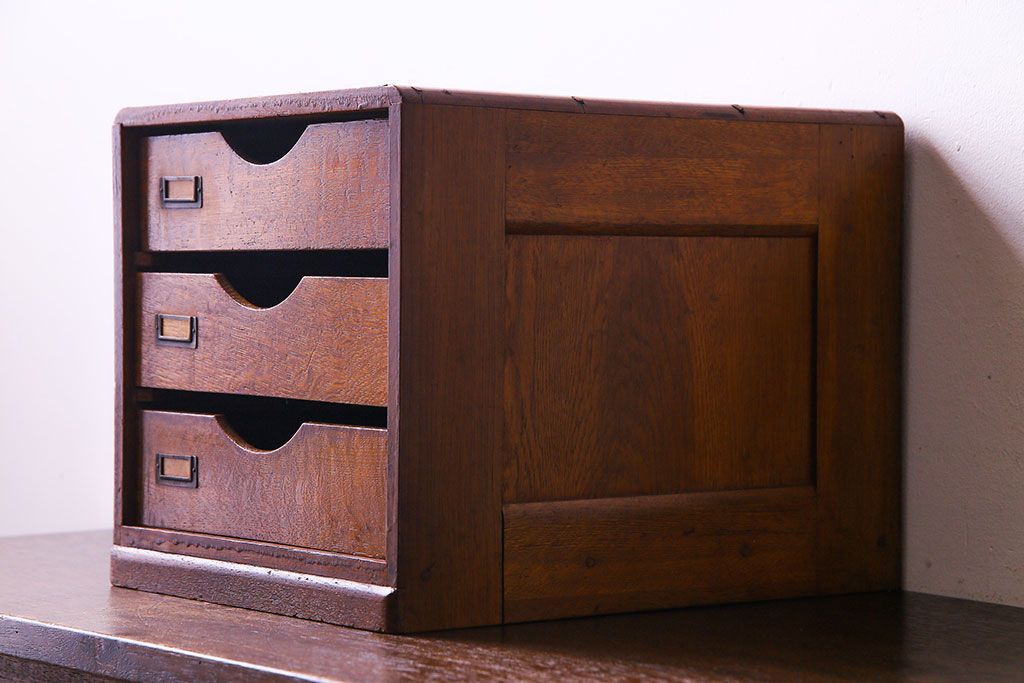 レトロ家具　昭和レトロ　ナラ材　両側から引きだせるユニークな作りの小引き出し(書類ケース)