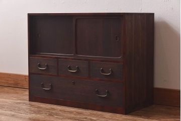 レトロ家具　昭和レトロ　異なる素材の質感が楽しめる小箪笥(戸棚、収納棚、小引き出し)