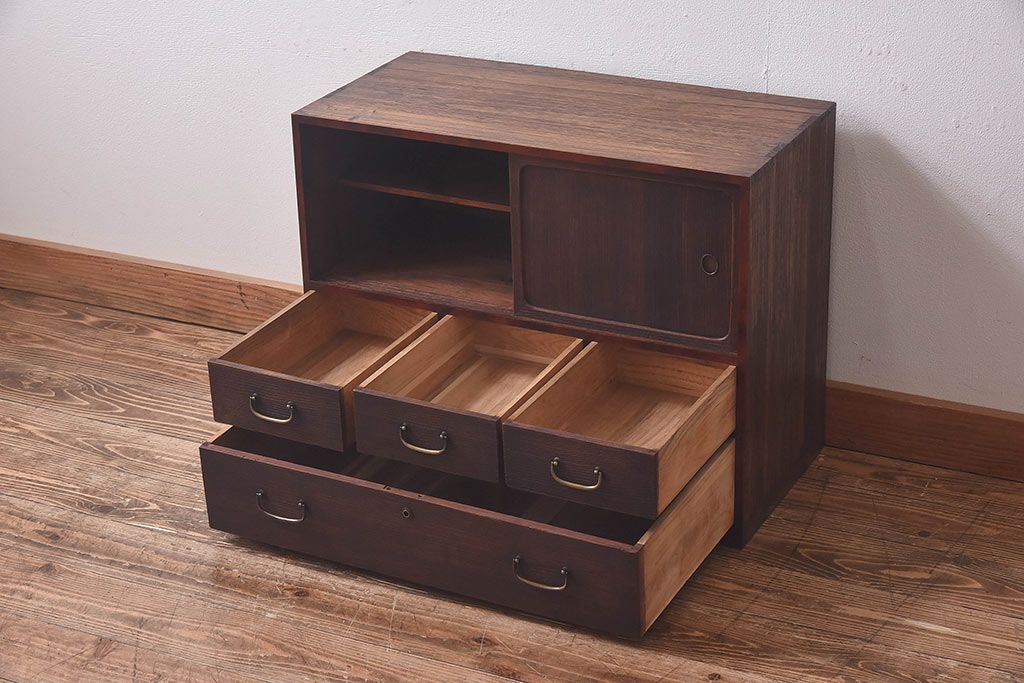 レトロ家具　昭和レトロ　異なる素材の質感が楽しめる小箪笥(戸棚、収納棚、小引き出し)