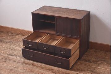 レトロ家具　昭和レトロ　異なる素材の質感が楽しめる小箪笥(戸棚、収納棚、小引き出し)