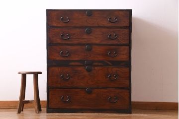 アンティーク家具　前面ケヤキ材　五丁引き　黒柿材を縁に使用した重ね箪笥(衣装箪笥、和タンス)