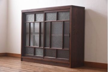 ラフジュ工房オリジナル　花菱模様のガラス入り戸棚(サイドボード、収納棚、リビングボード)(2)(R-030313)