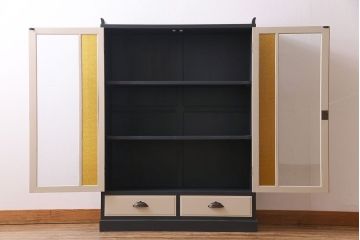 ペイント家具　当時物色ガラス入り!　シックな色味がお洒落な大振りのブックケース(本箱、キャビネット、収納棚)(R-030323)