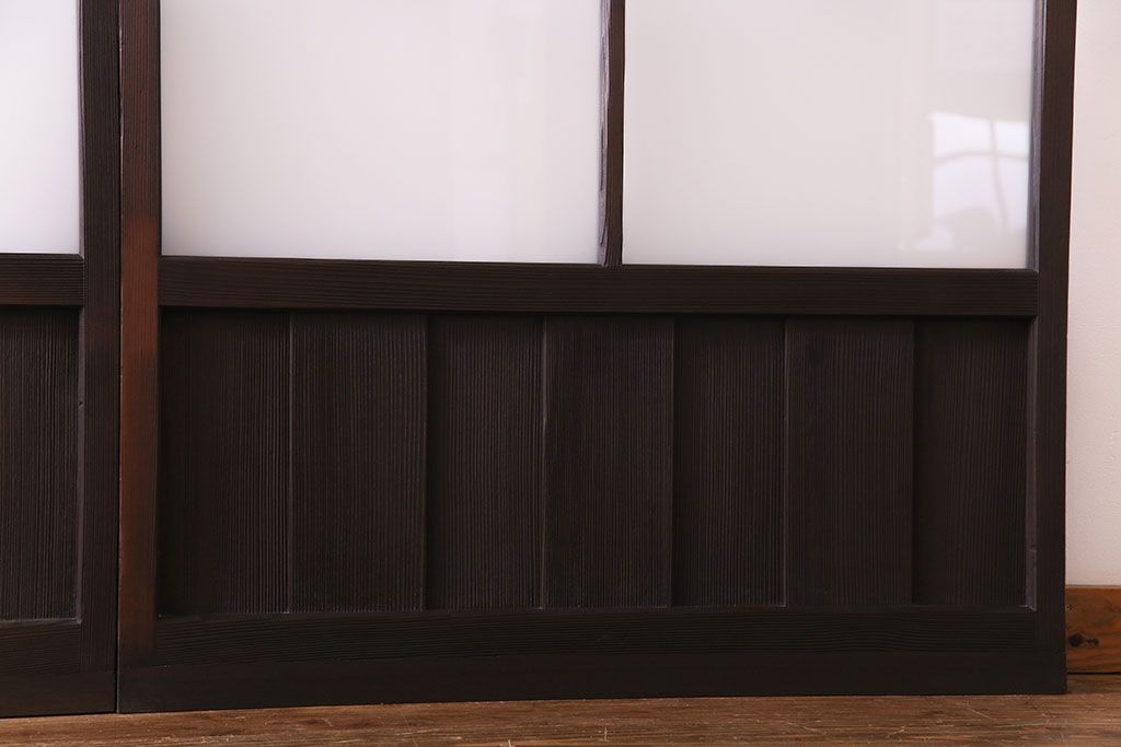 和製アンティーク　花ガラス入り　古い質感の木材が味わい深いガラス戸(格子戸、引き戸、建具)4枚セット