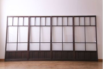 和製アンティーク　花ガラス入り　古い質感の木材が味わい深いガラス戸(格子戸、引き戸、建具)4枚セット