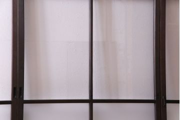 和製アンティーク　花ガラス入り　古い質感の木材が味わい深いガラス戸(格子戸、引き戸、建具)4枚セット