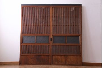 昭和中期　情緒溢れるガラス入り格子戸(引き戸、建具)2枚セット