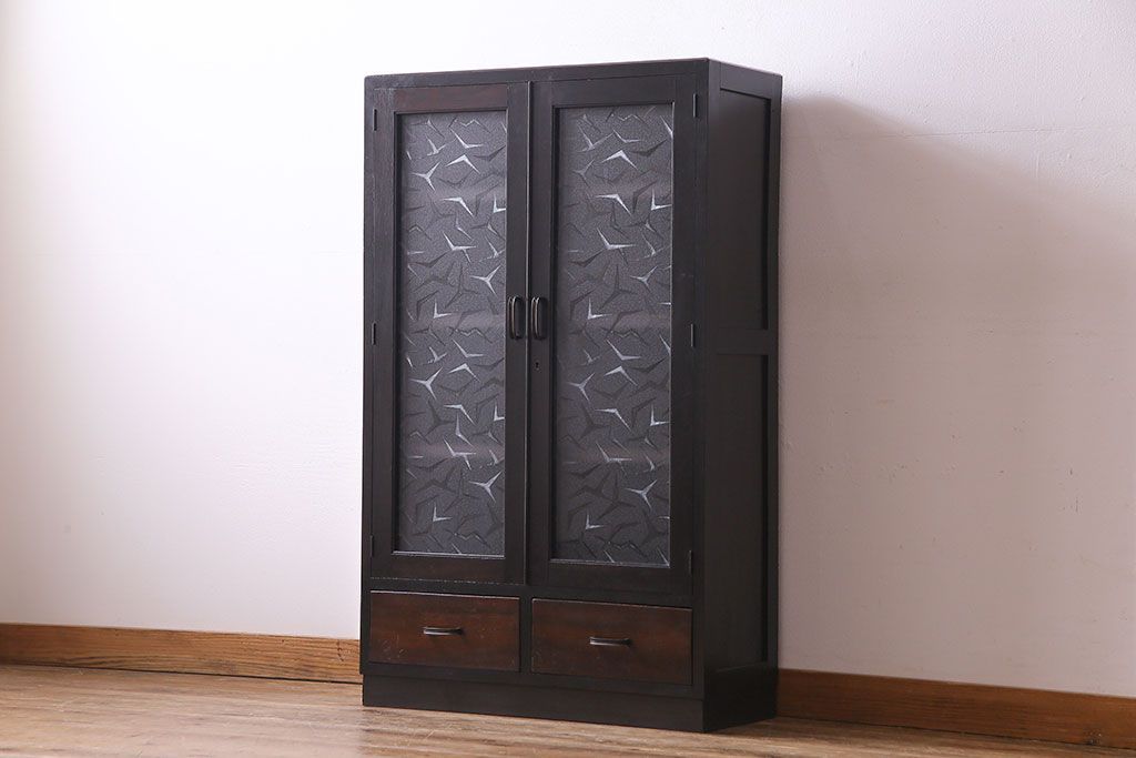 レトロ家具　昭和期　レトロなガラスが魅力のブックケース(本箱、キャビネット)(R-030357)