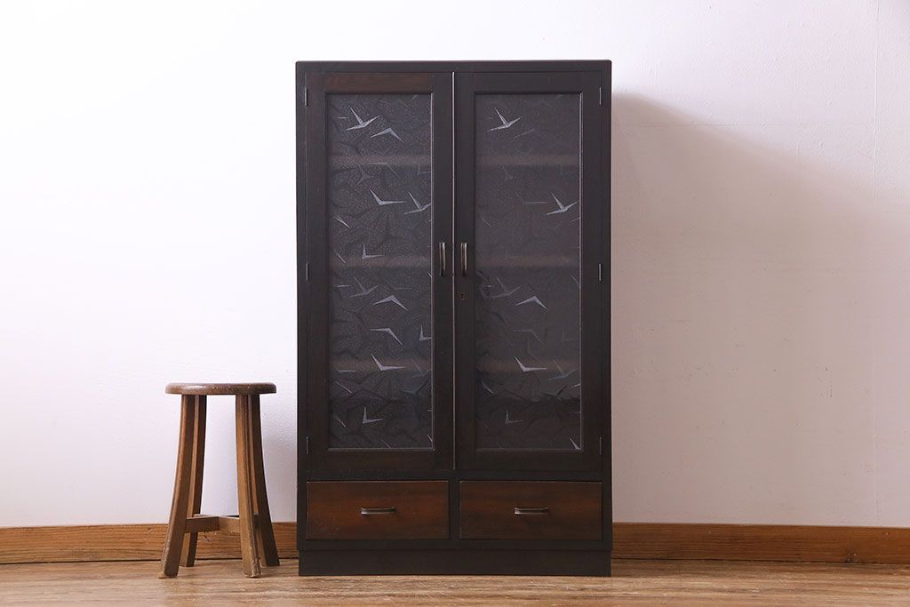 レトロ家具　昭和期　レトロなガラスが魅力のブックケース(本箱、キャビネット)(R-030357)