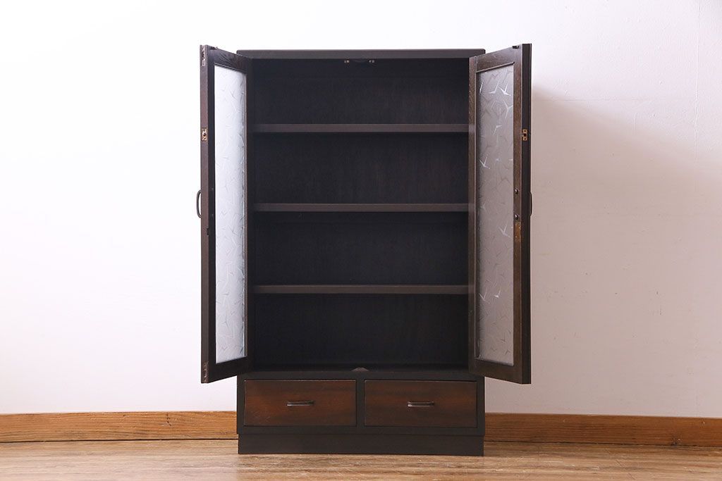 レトロ家具　昭和期　レトロなガラスが魅力のブックケース(本箱、キャビネット)(R-030357)