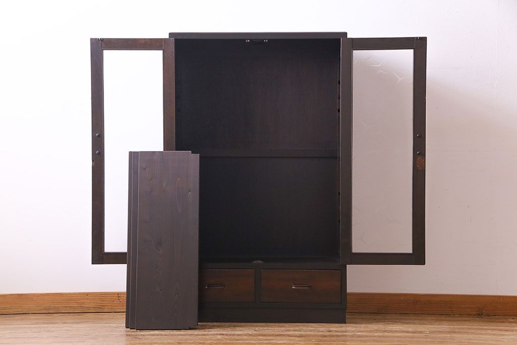 レトロ家具　昭和期　レトロなガラスが魅力のブックケース(本箱、キャビネット)(R-030357)