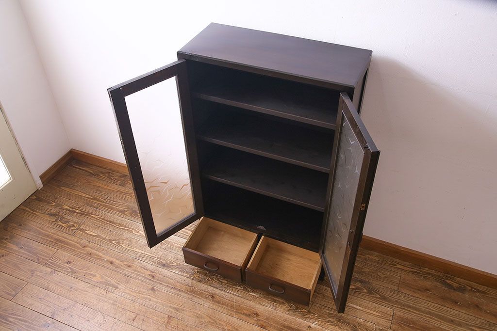 レトロ家具　昭和期　レトロなガラスが魅力のブックケース(本箱、キャビネット)(R-030357)