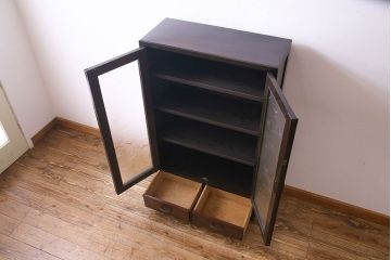 レトロ家具　昭和期　レトロなガラスが魅力のブックケース(本箱、キャビネット)(R-030357)