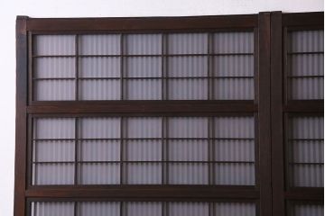 昭和レトロ　板ガラス裏障子留め　細かな桟が繊細な雰囲気漂う格子ガラス戸2枚セット(引き戸、ガラス帯戸)(R-030382)