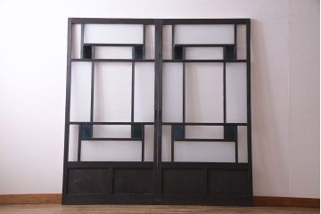 大正ロマン　ペイント　色ガラス シックな雰囲気漂うガラス戸2枚セット(引き戸)(R-030383)