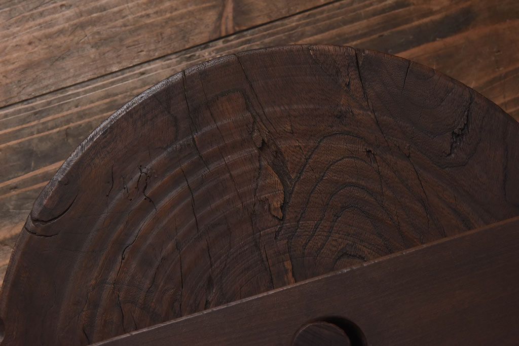 アンティーク雑貨　和製アンティーク　総ケヤキ材　古い木の風合いが味わい深い滑車(R-030386)