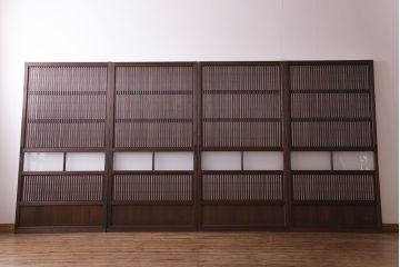昭和初期　裏障子付き　和の繊細な雰囲気が漂う帯格子戸4枚セット(引き戸、ガラス戸)(R-030387)