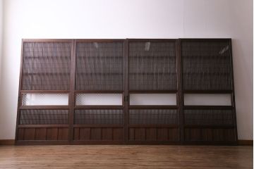 昭和初期　板ガラス裏障子留め　オリジナルガラス　市松模様のガラスがモダンな印象のガラス帯戸4枚セット(ガラス戸、引き戸、帯戸)(R-030389)