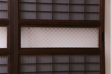 昭和初期　板ガラス裏障子留め　オリジナルガラス　市松模様のガラスがモダンな印象のガラス帯戸4枚セット(ガラス戸、引き戸、帯戸)(R-030389)