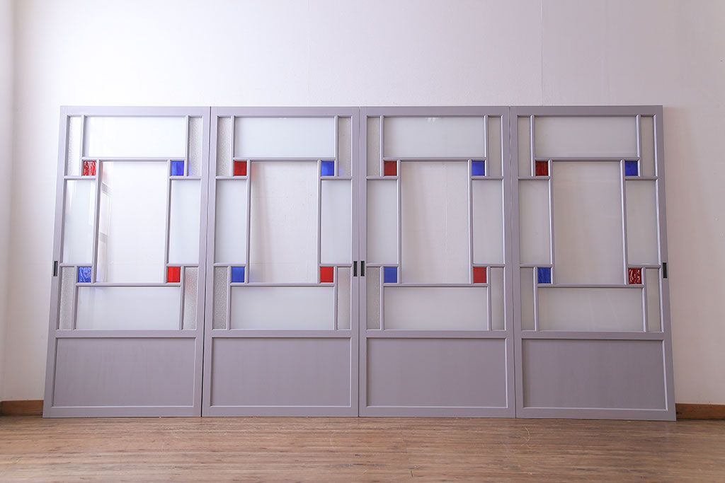 ペイント建具　色ガラス　淡いカラーに色ガラスが映えるガラス戸4枚セット(引き戸、建具)(R-030419)