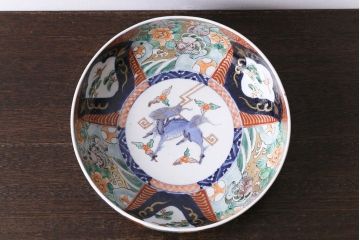 明治期　麒麟・獅子の図　色絵深鉢・大(深皿、和食器)
