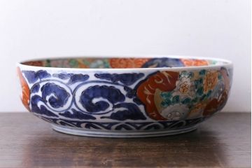 明治期　麒麟・獅子の図　色絵深鉢・大(深皿、和食器)