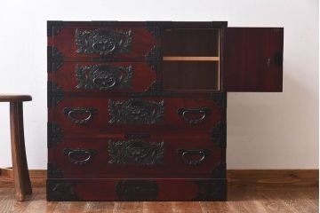 中古　仙台民芸箪笥(仙台箪笥)　欅産業　KC-27　拭き漆塗り　片開帳箪笥(小引き出し)(定価約32万円)(R-030443)