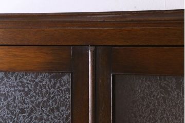 アンティーク家具　昭和初期　結霜ガラス入り　飾り棚付きの大型ブックケース(本箱、収納棚、食器棚、戸棚)(R-030453)