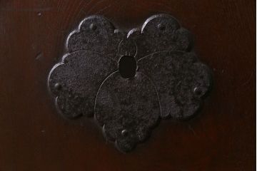 和製アンティーク　総ケヤキ材　使い勝手の良いガラス入れリメイクの蔵戸(引き戸、建具、玄関戸)