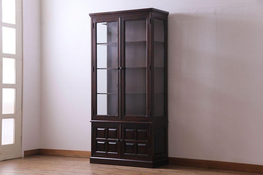 中古美品　希少な廃盤品!!　北海道民芸家具　OM158　上質な三方ガラス飾り棚(陳列棚、食器棚、ガラスケース)(2)(R-030473)