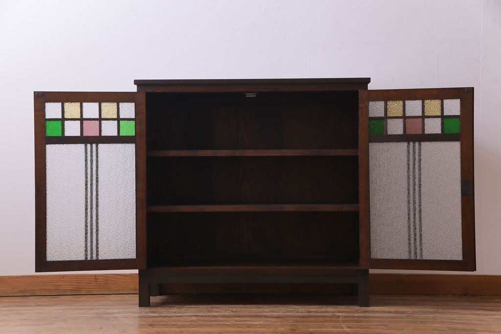 アンティーク家具　大正ロマン　ナラ材　柔らかな色合いの当時物色ガラスが魅力的な本箱(収納棚、戸棚、キャビネット)(R-030481)