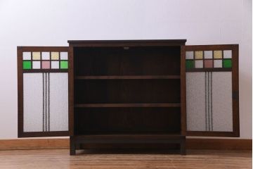 アンティーク家具　大正ロマン　ナラ材　柔らかな色合いの当時物色ガラスが魅力的な本箱(収納棚、戸棚、キャビネット)(R-030481)