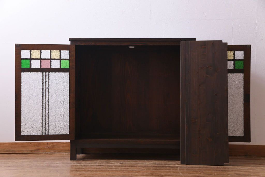 アンティーク家具　大正ロマン　ナラ材　柔らかな色合いの当時物色ガラスが魅力的な本箱(収納棚、戸棚、キャビネット)(R-030481)