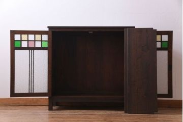 アンティーク家具　大正ロマン　ナラ材　柔らかな色合いの当時物色ガラスが魅力的な本箱(収納棚、戸棚、キャビネット)(R-030481)