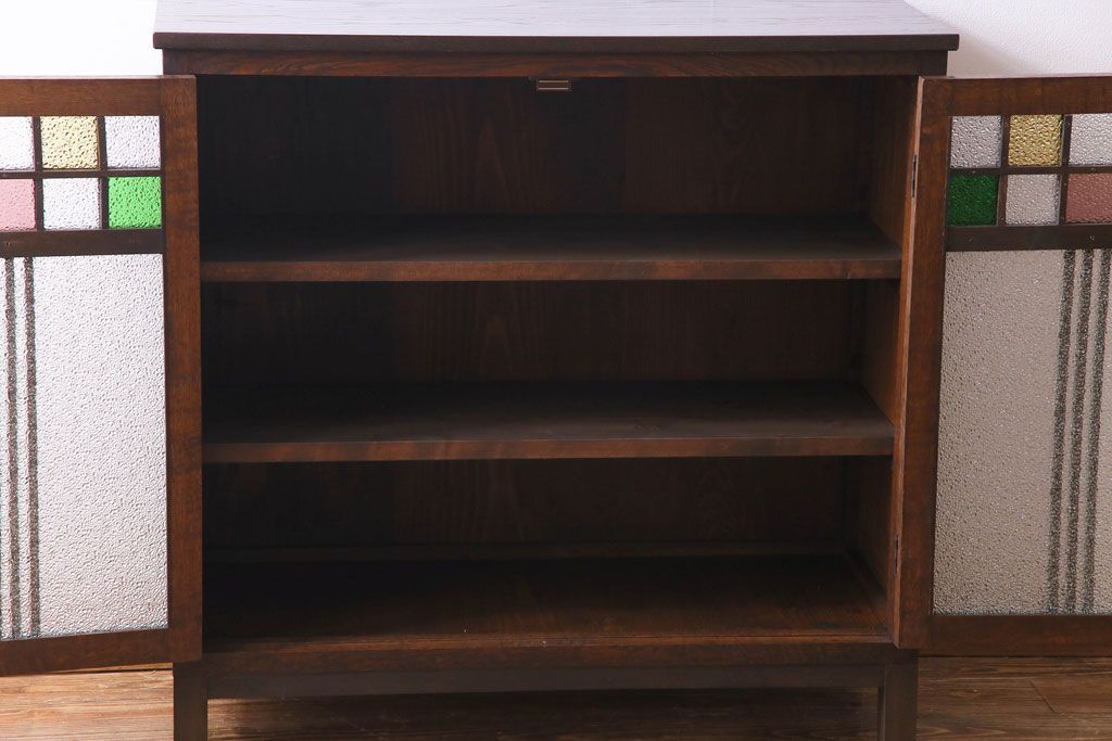 アンティーク家具　大正ロマン　ナラ材　柔らかな色合いの当時物色ガラスが魅力的な本箱(収納棚、戸棚、キャビネット)(R-030481)